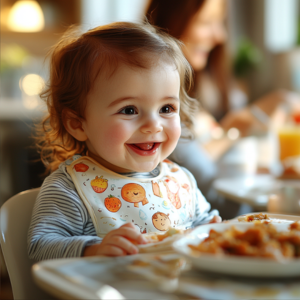 Smiling baby wearing a bib, enjoying a meal with age-appropriate serving sizes and textures in a bright family dining setting