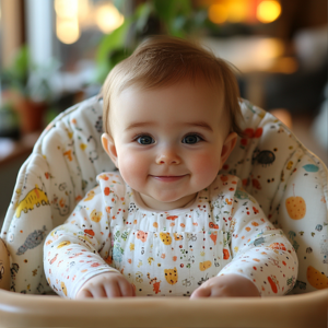 Smiling baby sitting in a high chair, ready to enjoy a nutritious organic meal prepared with love