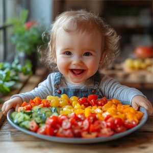 Happy baby enjoying a plate of colorful cherry tomatoes in a cozy kitchen, promoting healthy eating for babies.