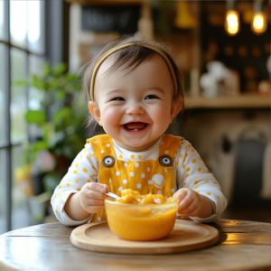 Smiling baby in a yellow polka-dot outfit enjoying a bowl of homemade pureed baby food in a cozy kitchen setting