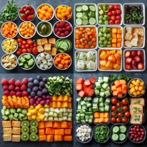 A colorful assortment of baby-friendly finger foods, such as soft-cooked vegetable sticks, bite-sized fruit pieces, and small portions of whole-grain toast.