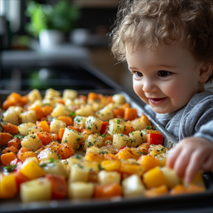 A vibrant, freshly prepared baby meal, such as a colorful vegetable puree or a plate of bite-sized finger foods.