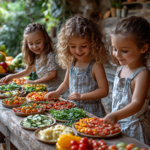 Children joyfully preparing or enjoying colorful, healthy meals together