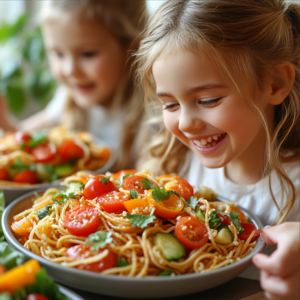 Smiling child enjoying a bowl of colorful pasta salad made with fresh vegetables, showcasing an allergy-friendly recipe in a family-friendly setting.