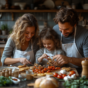 Parents and doghter joyfully preparing a meal together in a warm, inviting kitchen setting would effectively convey the collaborative and nurturing spirit of our blog content