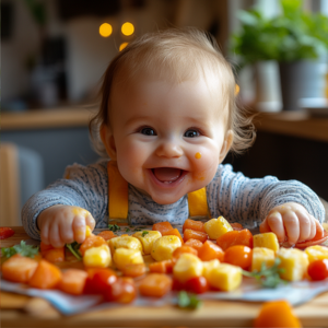 Happy baby enjoying a variety of colorful finger foods, including roasted vegetables and fruits, as part of baby-led weaning