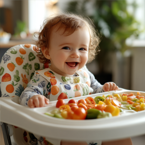 Smiling baby sitting in a high chair, enjoying a tray of colorful finger foods like cherry tomatoes, bell peppers, and green beans, perfect for 6-12 months