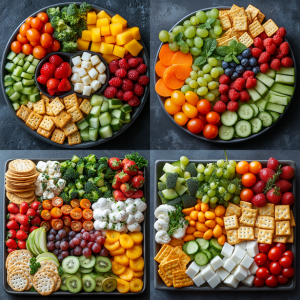 Colorful snack platters with fresh fruits, vegetables, cheese cubes, and crackers, perfect as healthy snacks for toddlers.