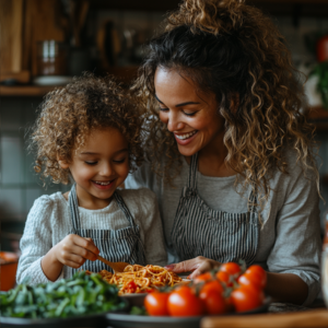 Smiling mother and child cooking together in a cozy kitchen, preparing a healthy pasta dish with fresh tomatoes and greens, perfect for busy parents