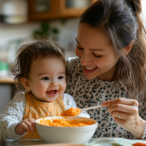 Smiling baby enjoying a bowl of freshly made carrot puree with their mother in a cozy kitchen setting, perfect for babies aged 4-6 months