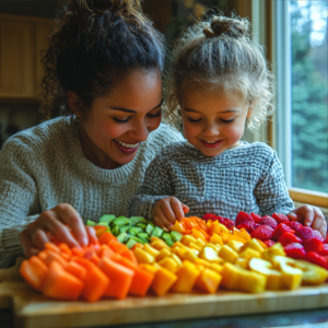 Smiling mother and daughter preparing a colorful tray of fresh fruits, emphasizing healthy eating and nutritional advice for families.